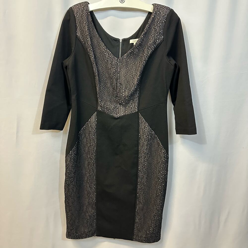 Max and Cleo Black Lace Panels Full Back Zip V-Neck Cocktail Dress 10